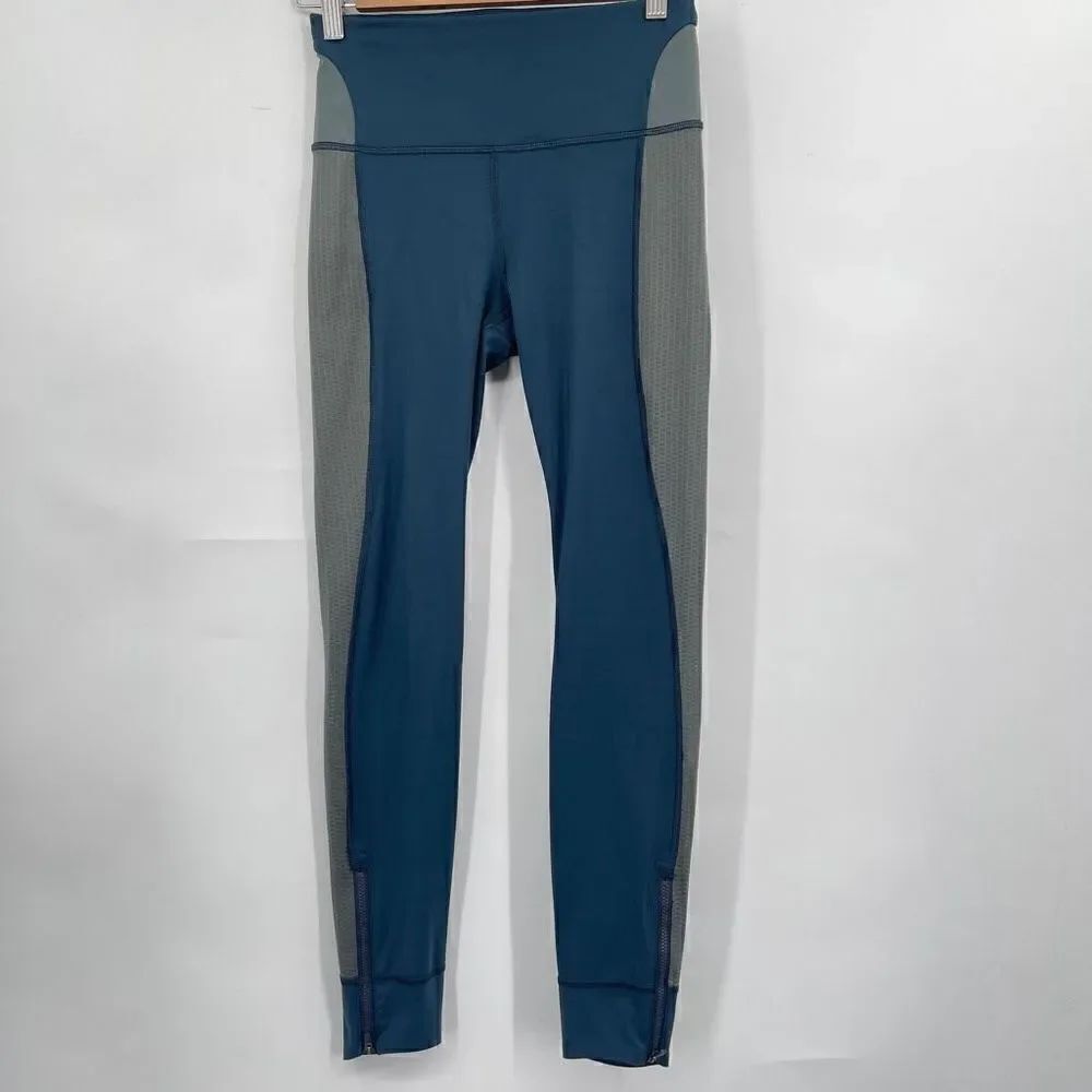 Athleta Allyson Felix Color Block Gray Blue Zippered Hem Athletic Leggings XS